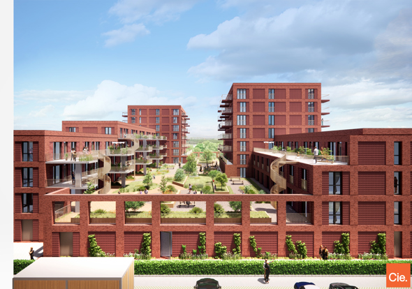 Artist impressie van het gebouw met rode bakstenen en zicht op de daktuin en links en rechts de woningen met galerijen en zicht op de torens.