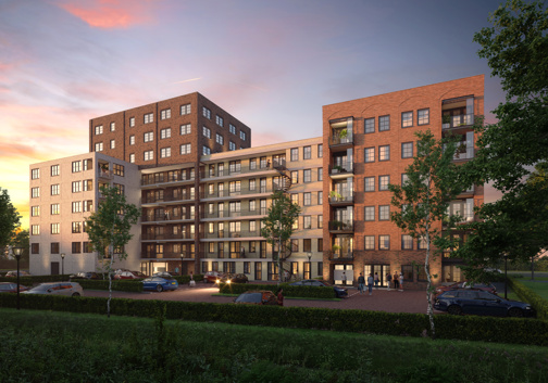Artist impressie met vier toren, rechts met rode bakstenen de toren met huurwoningen, in avondlicht