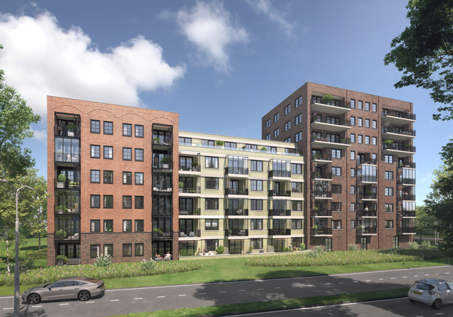 Impressie van nieuwbouw Winston met 3 woonblokken in baksteenkleur rood, beige en bruin