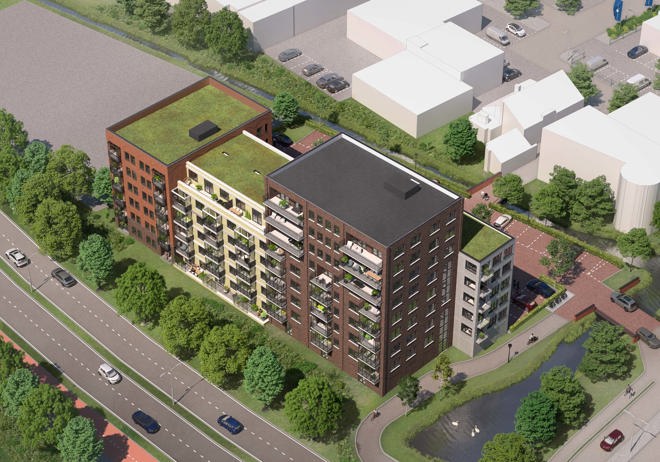 Impressie van bovenaf van The Winston nieuwbouw met vier woonblokken