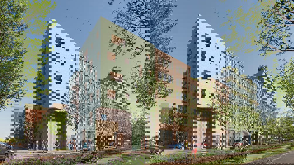 Impressie van nieuwbouw aan Kop West Rijnhaven, met strakke lijnen en afwisseling met zachtgroene gevels en rode bakstenen.