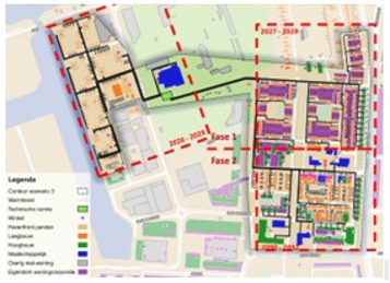 Plattegrond van Zeeheldenbuurt Alphen aan den Rijn met stippellijn aangegeven wat fase 1 is en wat fase 2