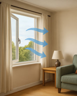 Een raam staat open, een stoel staat bij het raam en blauwe pijlen geven luchtstroom weer van buiten naar binnen door open raam