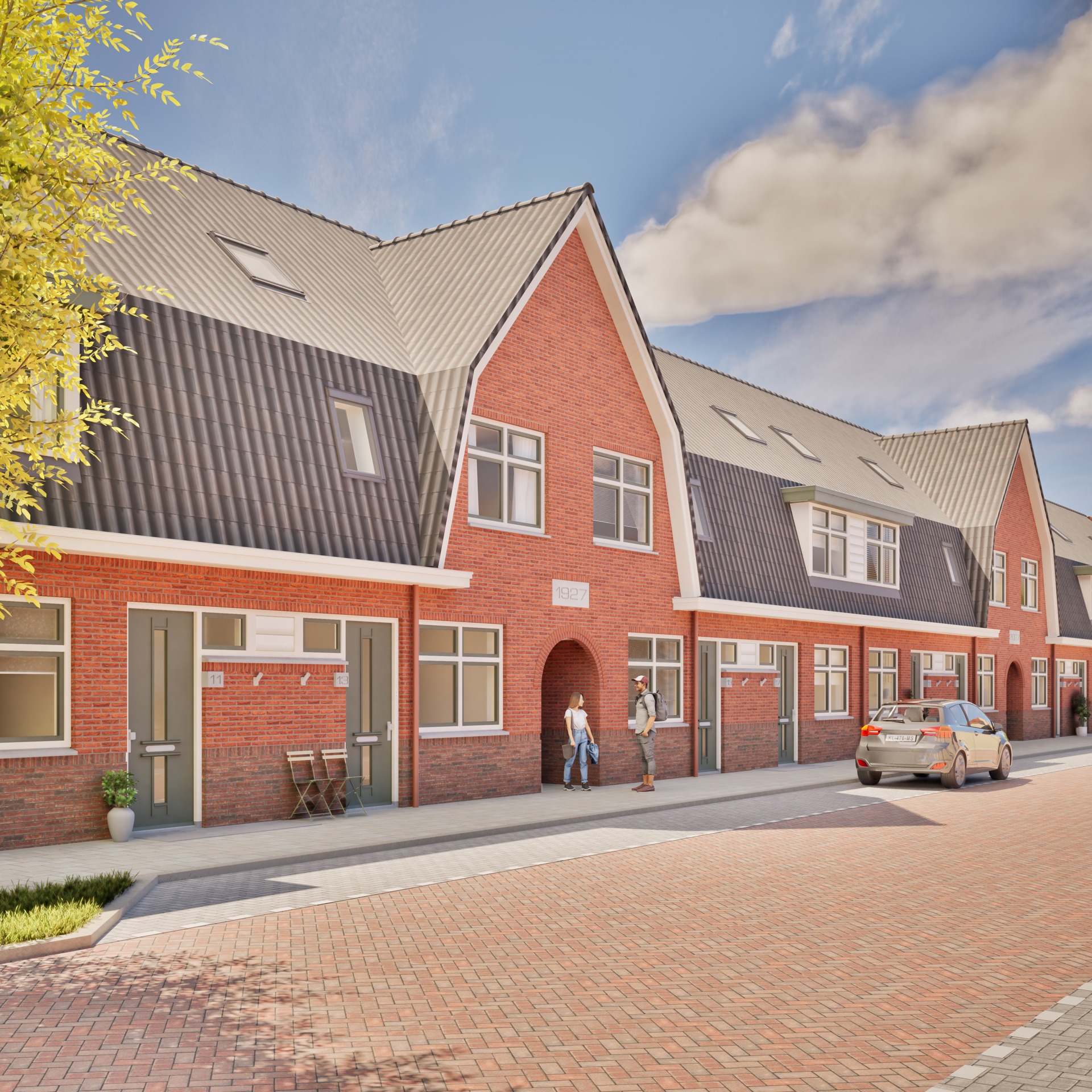 Artist impressie nieuwbouw Julianastraat met rode stenen gevels en grijze daken, met speelse hoogteverschillen van puntdaken en hoekige daken